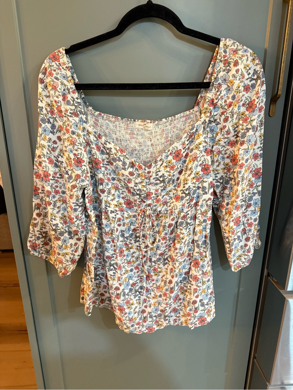Boutique Floral Peasant Blouse - White with Pink & Blue Flowers